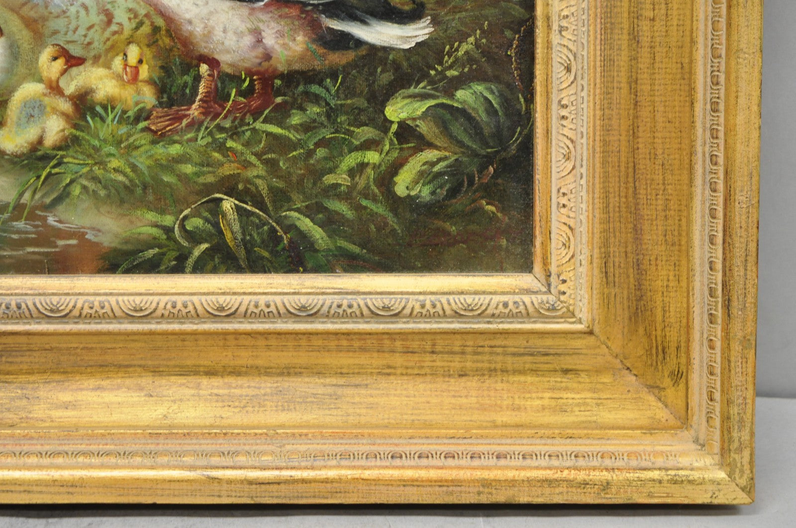 Vintage Traditional Oil on Canvas Wood Frame "Duck Family" Art Signed Borofsky