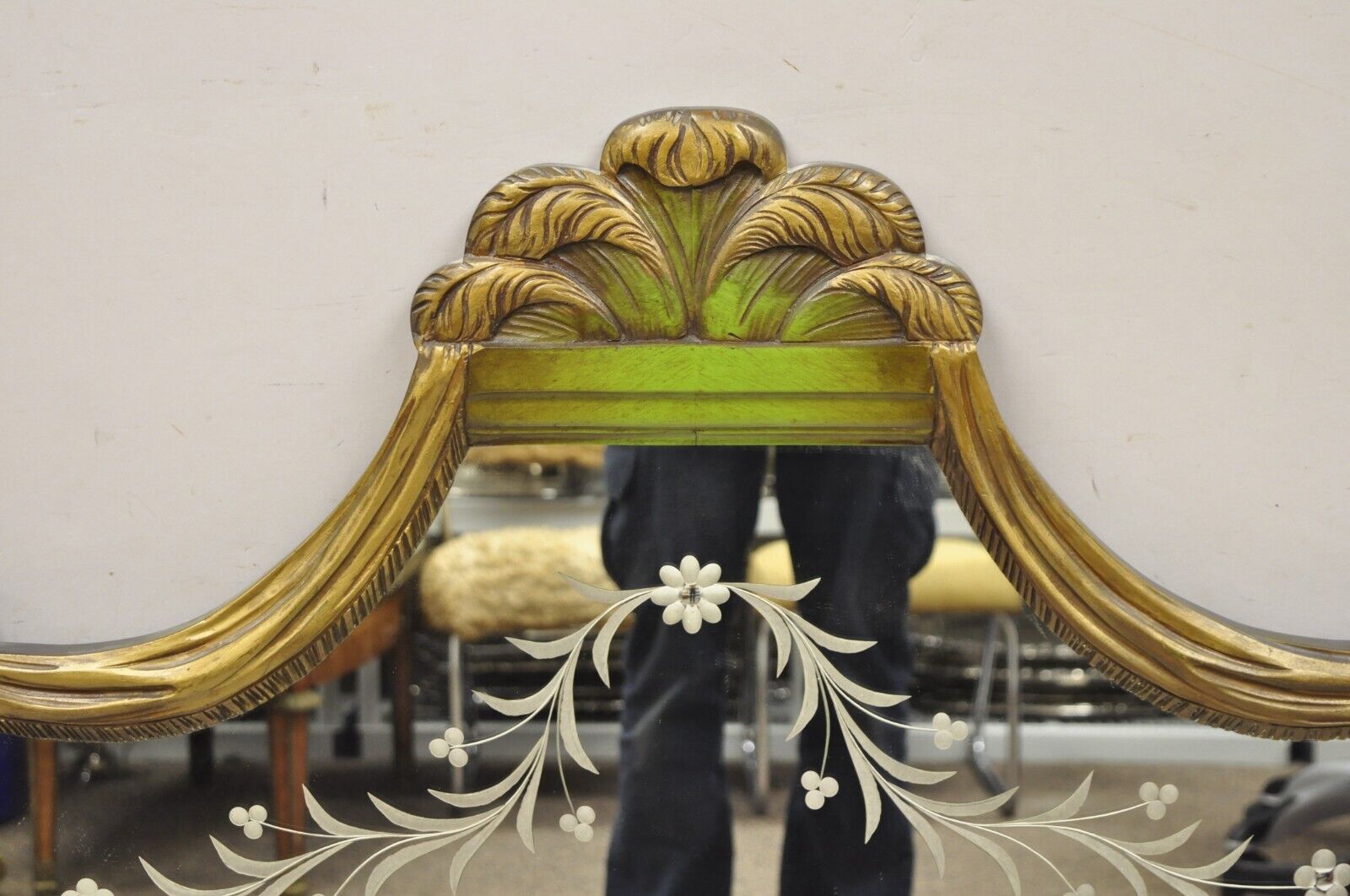 French Louis XVI Style Plume Swan Carved Green Painted Leafy Etched Wall Mirror