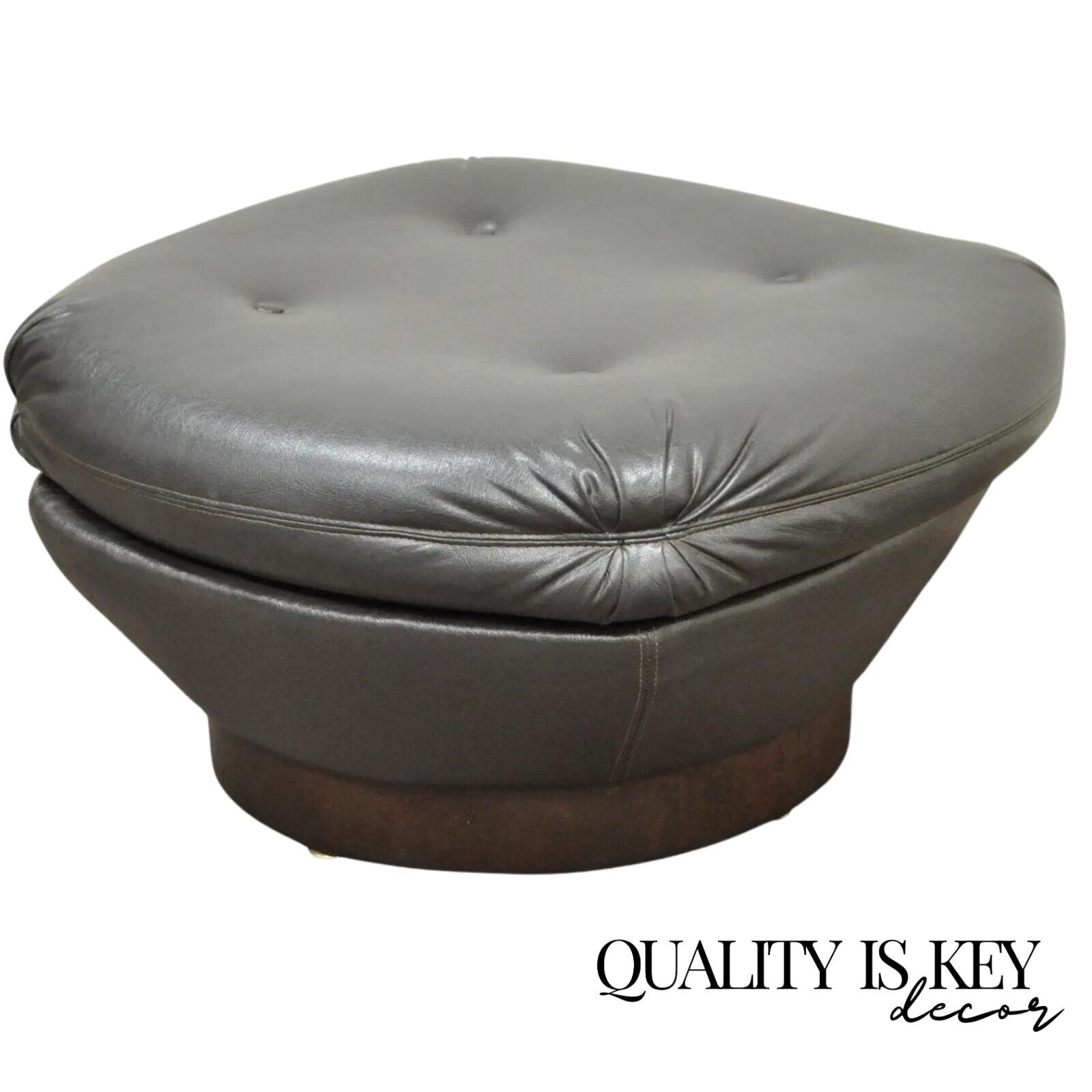 Vintage Mid Century Modern Tufted Brown Vinyl Walnut Chair Ottoman Footstool