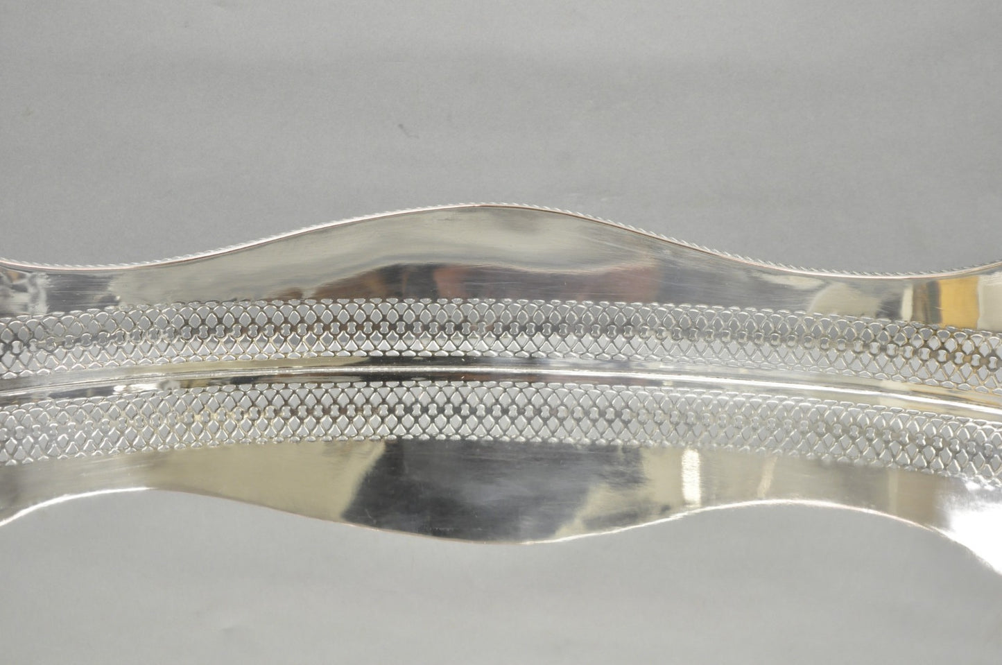 Antique English Edwardian Silver Plated Scalloped Oval Butlers Serving Bar Tray