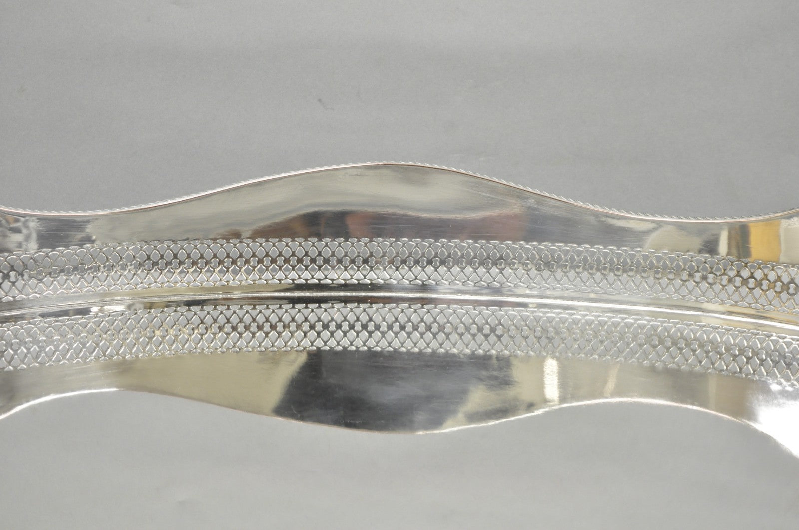 Antique English Edwardian Silver Plated Scalloped Oval Butlers Serving Bar Tray