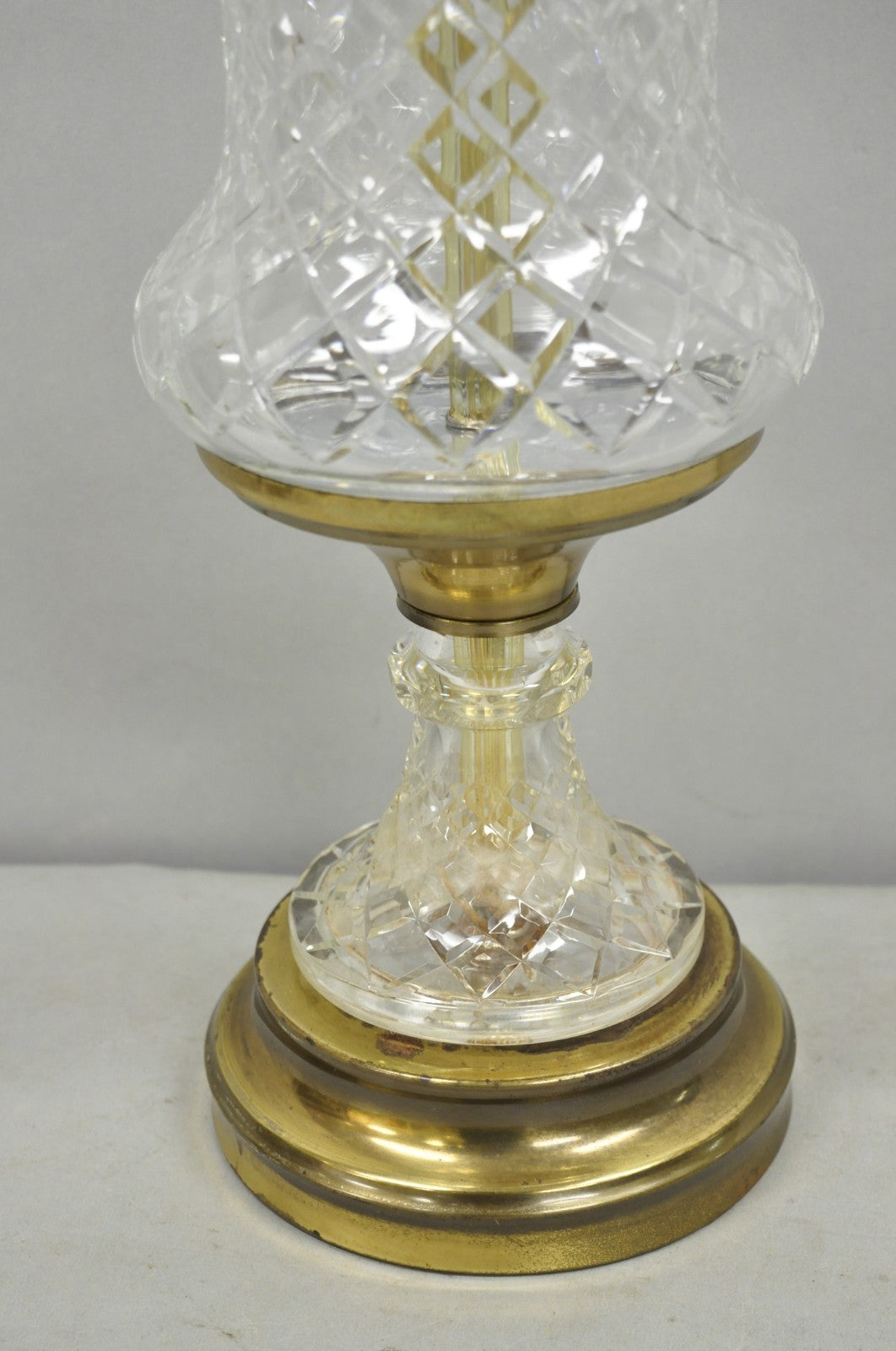 Vintage French Empire Style Crystal Glass Pineapple Column Brass Table Lamp