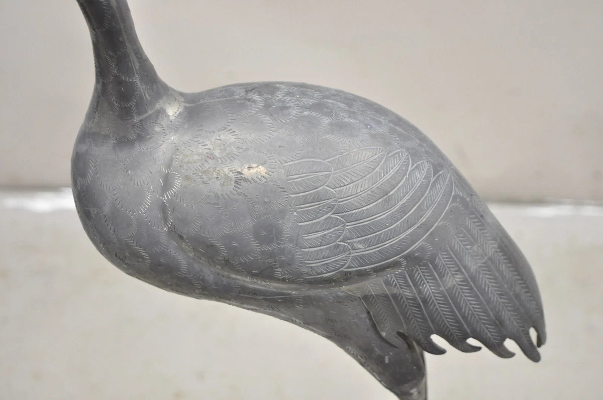Vintage Hollywood Regency Pewter Metal 27" Crane Bird Garden Statue Hong Kong