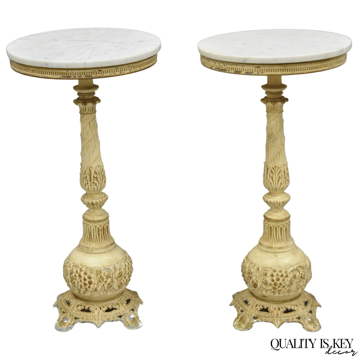 Vintage Hollywood Regency Small Metal Pedestal Marble Top Drinks Side Table Pair
