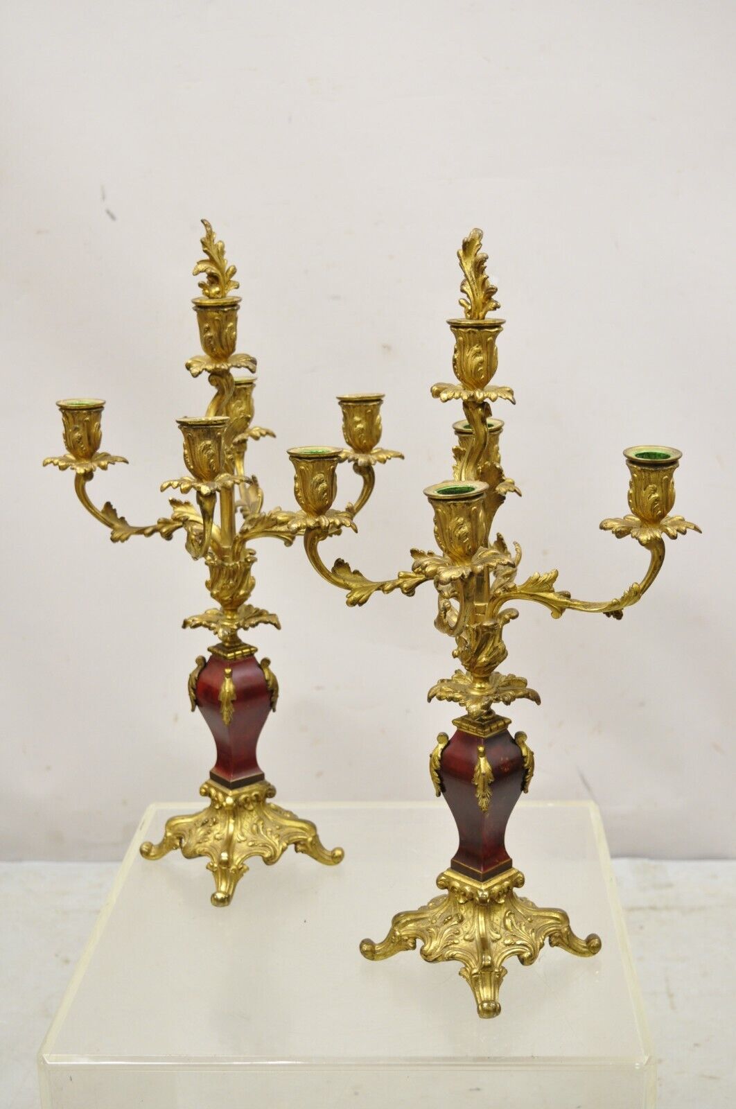 Antique French Louis XV Rococo Style Gold Gilt Bronze Candelabras - a Pair