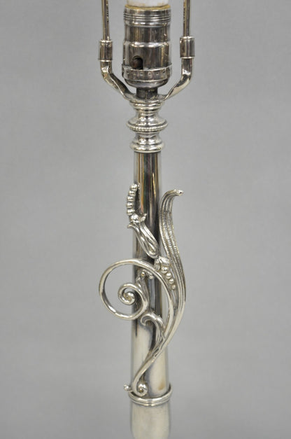 Antique French Art Nouveau Silver Plated Scrollwork Column Small Table Lamp