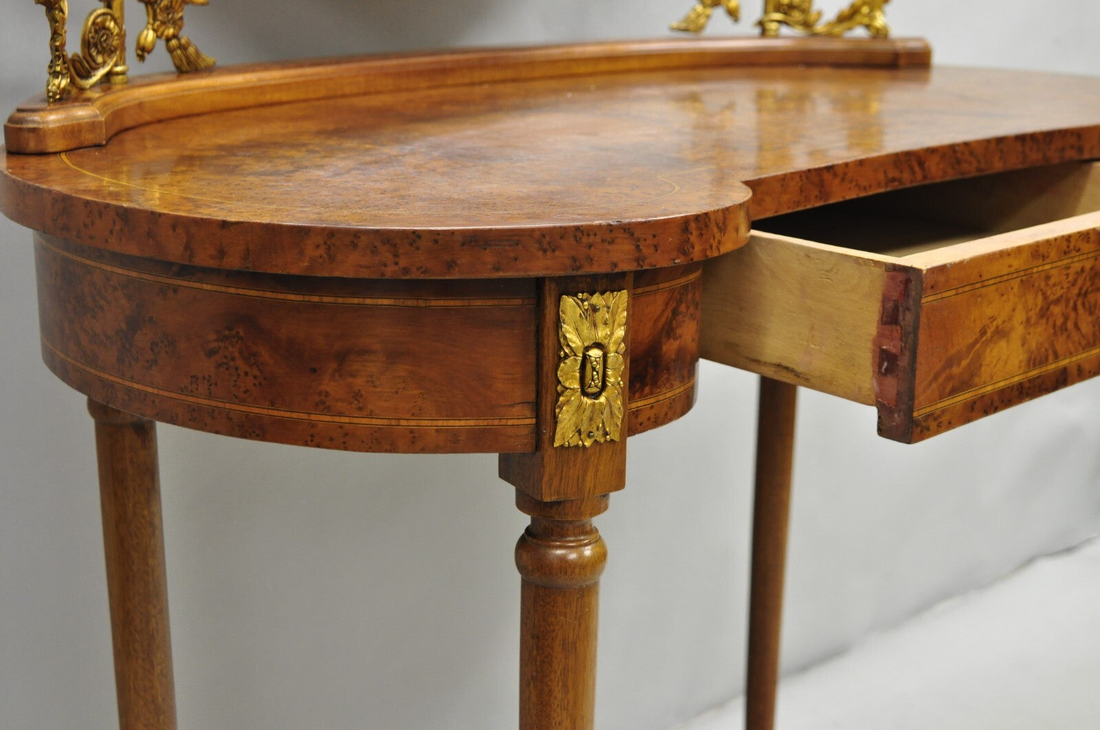 Antique French Louis XVI Burlwood Kidney Shaped Vanity Dressing Table w/ Mirror