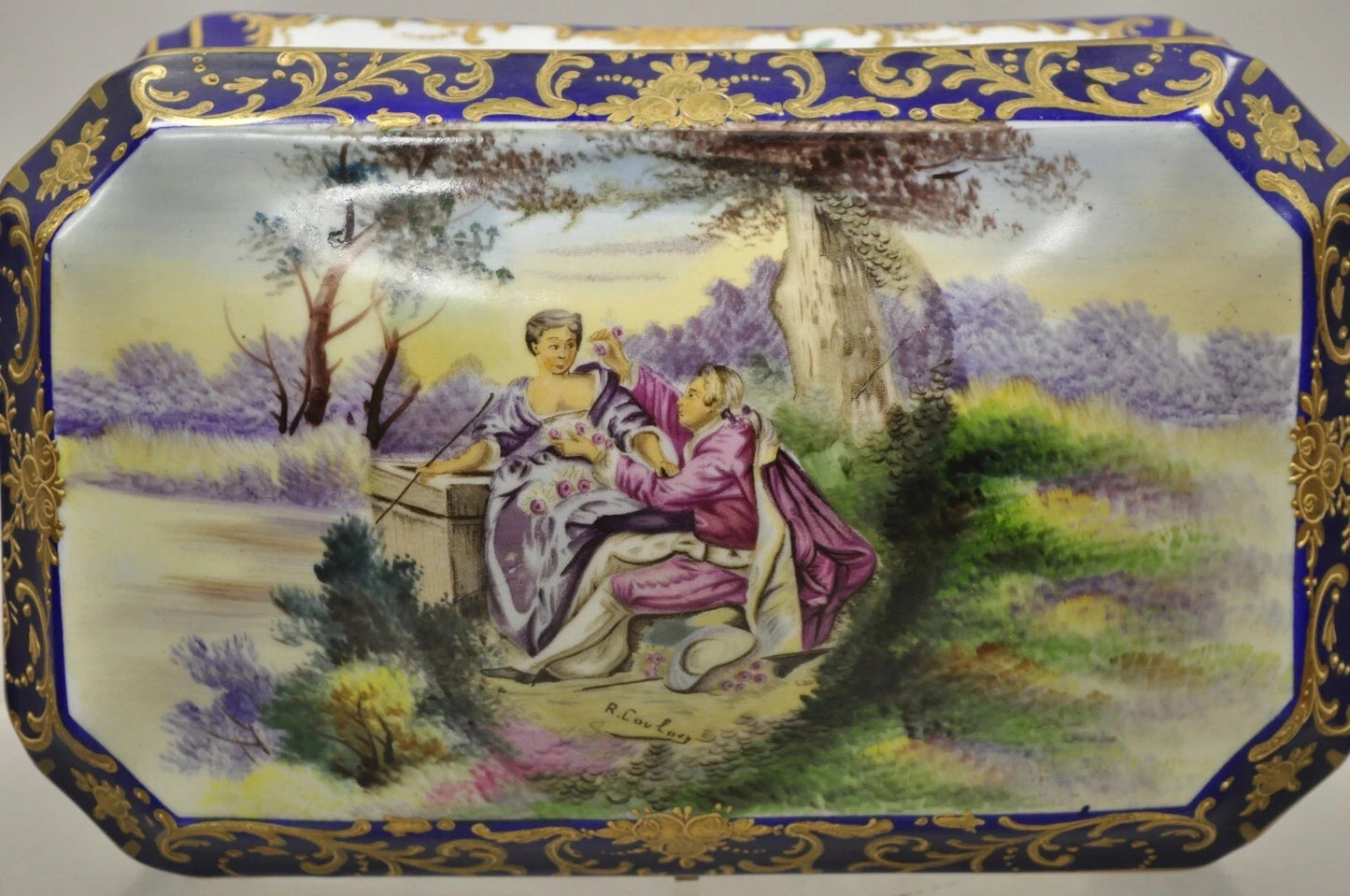 Antique French Victorian Porcelain Hand Painted Hinged Jewelry Trinket Box
