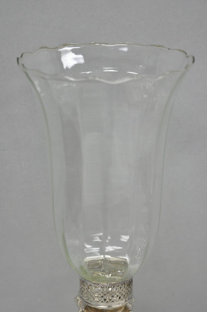 Antique Victorian Silver Plated Glass Hurricane Lamp Shade Candlestick - Pair