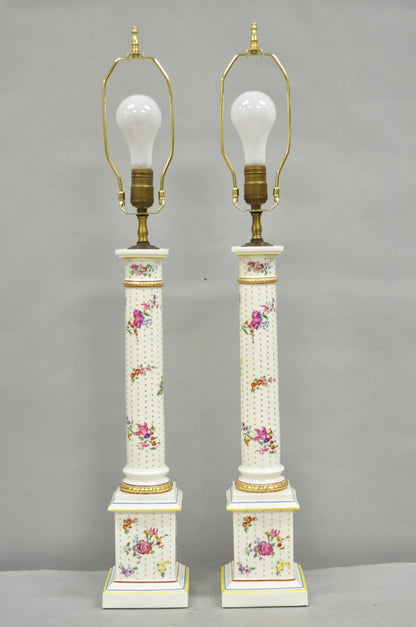 Vintage Victorian French Porcelain Column Table Lamps w Painted Flowers - a Pair