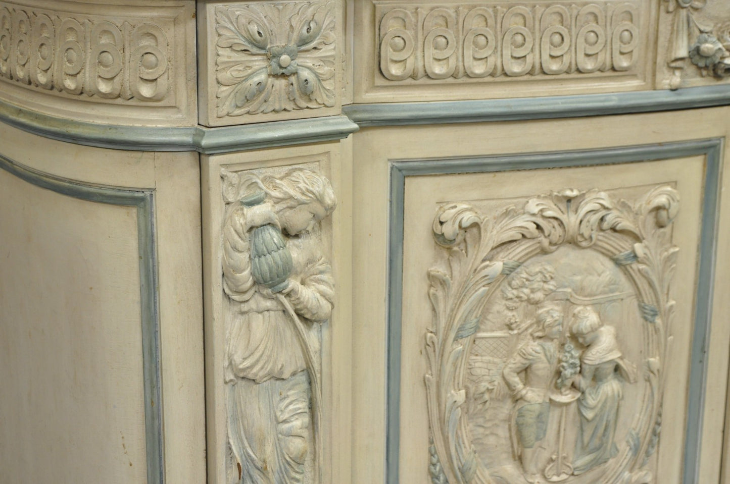 French Renaissance White Blue Painted Figural Carved Marble Top Buffet Commode