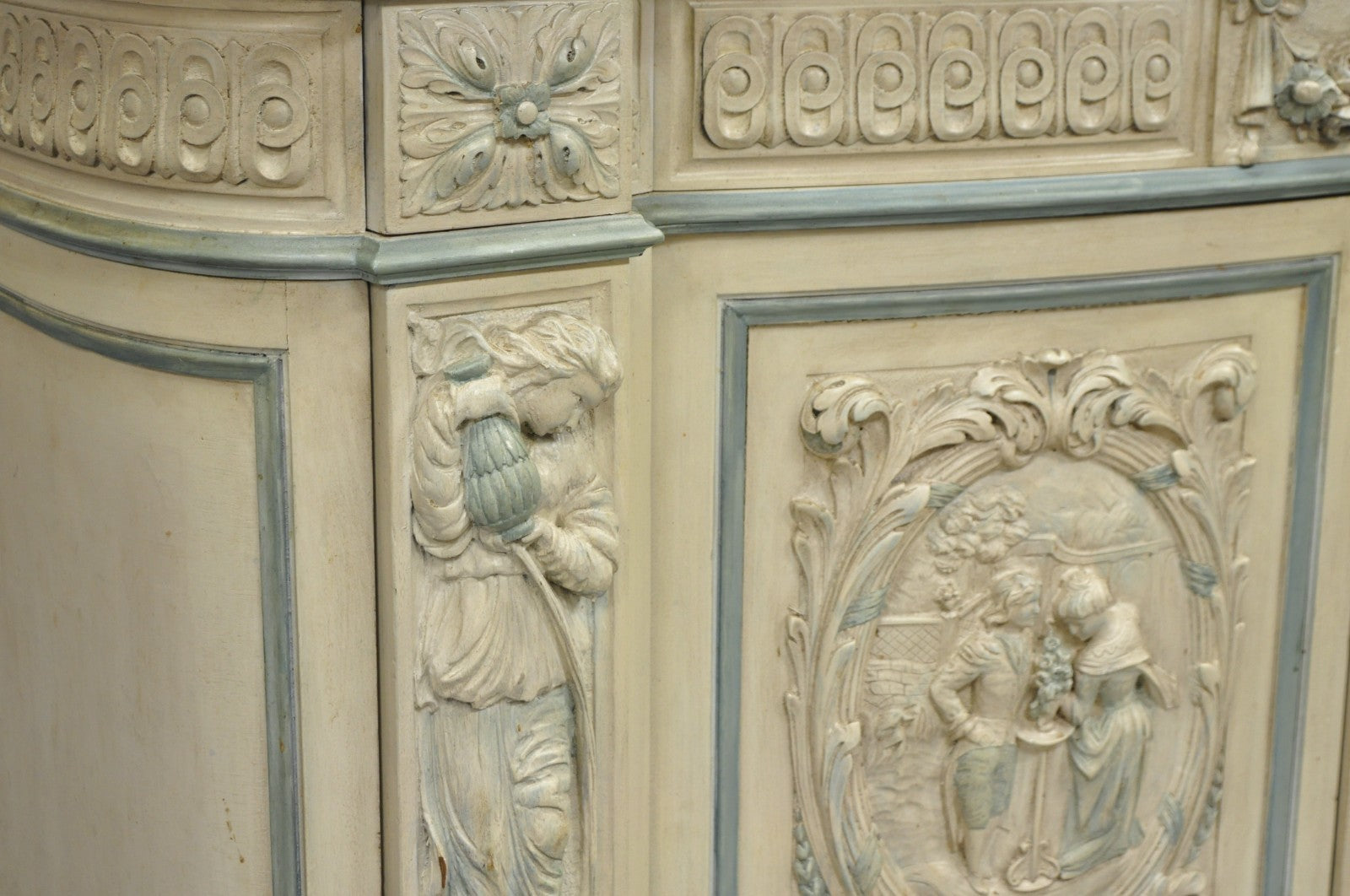 French Renaissance White Blue Painted Figural Carved Marble Top Buffet Commode