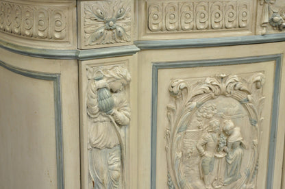 French Renaissance White Blue Painted Figural Carved Marble Top Buffet Commode