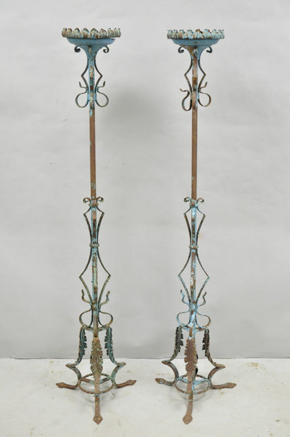 Antique Gothic Renaissance Wrought Iron Italian Candle Holder Candelabra - Pair