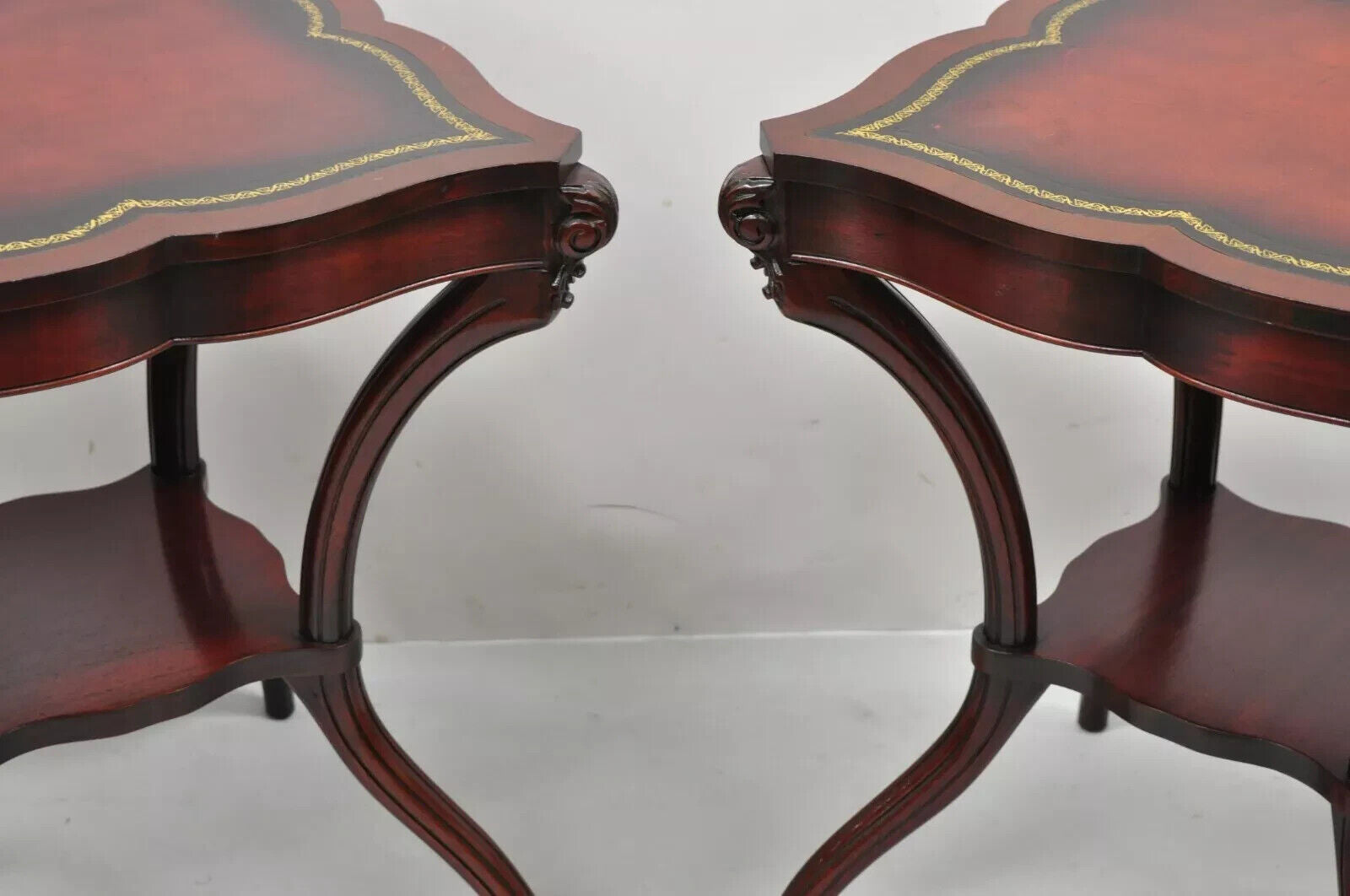 Vintage French Regency Style Red Leather Top Mahogany Lamp End Tables - a Pair