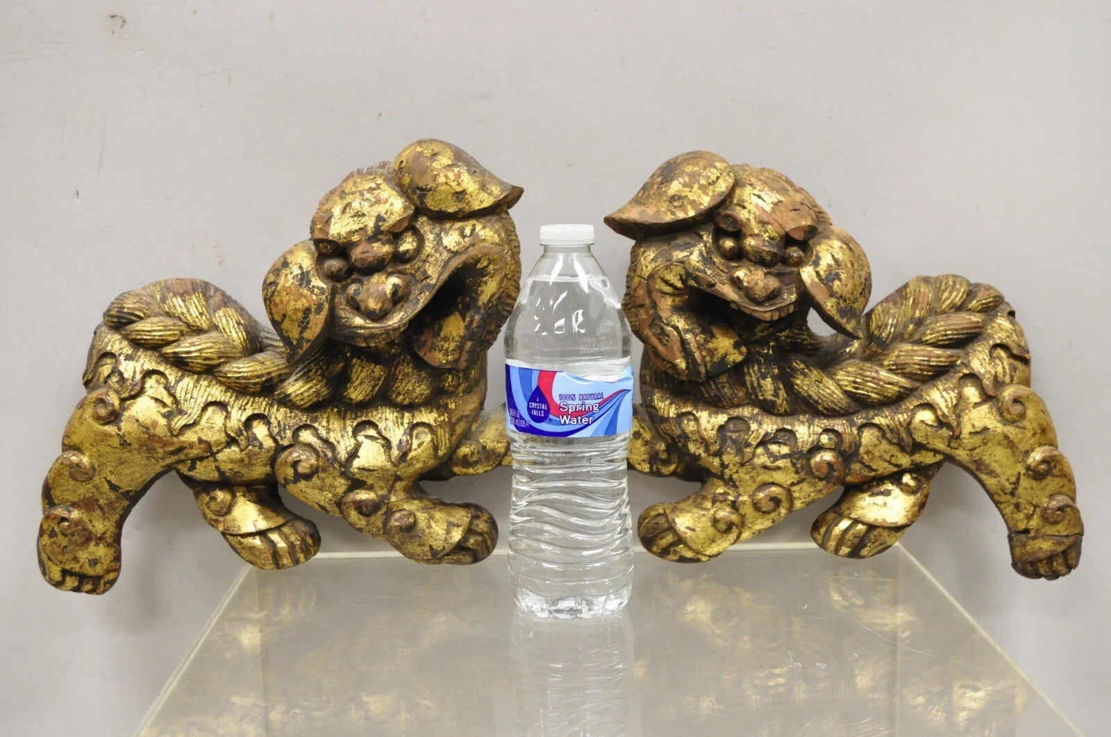 Vintage Chinoiserie Carved Wood Gold Gilt 12" Chinese Foo Dog Figures - a Pair
