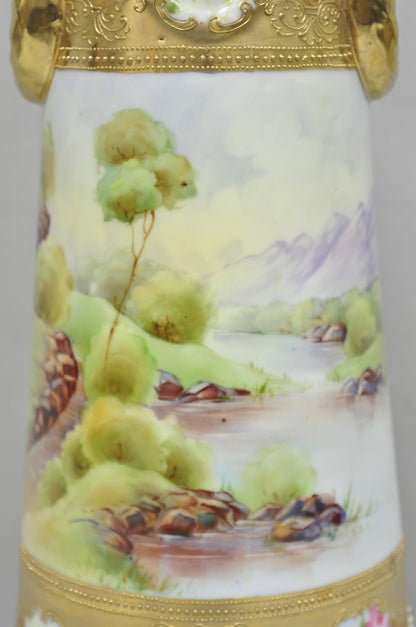 Antique Nippon Hand Painted Lake Scene Art Nouveau Twin Handle Porcelain Vase