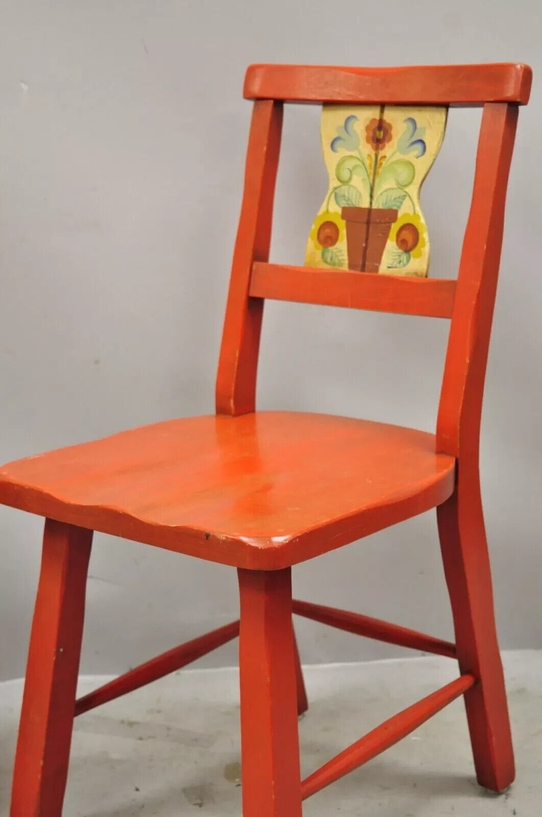 Vintage Colonial Hand Painted Flower Red Wooden Side Chairs by Gimble's - a Pair