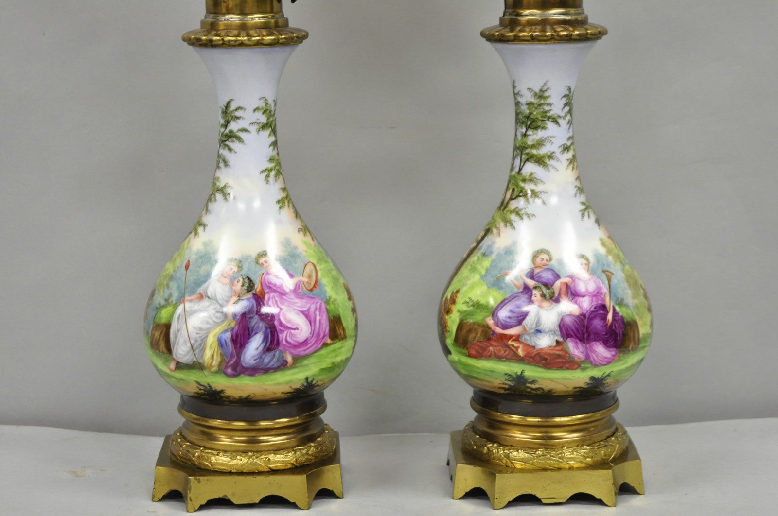 Antique French Napolean III Hand Painted Porcelain Oil Lamp Table Lamps - a Pair