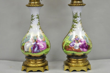 Antique French Napolean III Hand Painted Porcelain Oil Lamp Table Lamps - a Pair