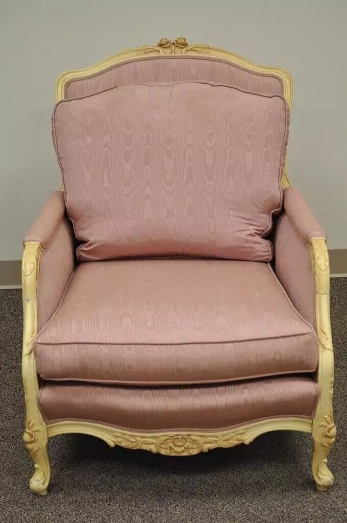 Vintage French Hollywood Regency Style Cream Carved Parlor Fireside Lounge Chair