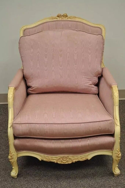 Vintage French Hollywood Regency Style Cream Carved Parlor Fireside Lounge Chair