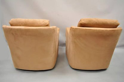 Vintage Mid Century Modern Brown Upholstered Swivel Lounge Club Chairs - a Pair