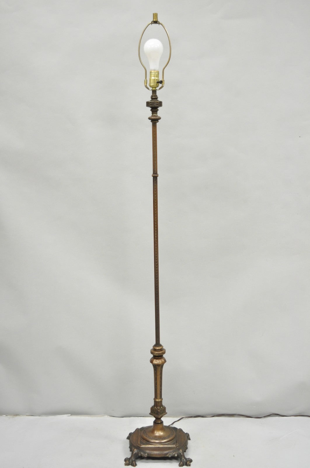 Antique Gothic Renaissance Oscar Bach Style Bronze Paw Foot Pole Floor Lamp