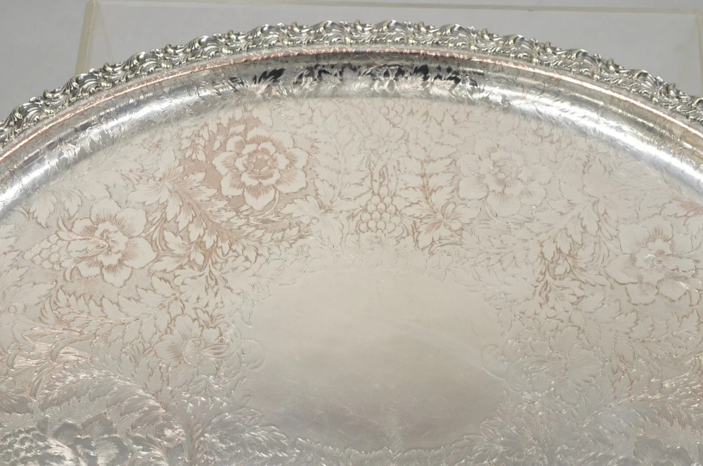 Antique English Victorian Silver Plated Repousse Oval Serving Platter Bar Tray