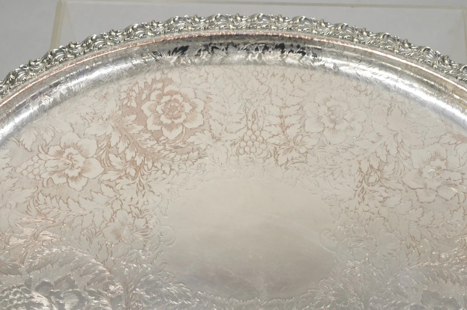 Antique English Victorian Silver Plated Repousse Oval Serving Platter Bar Tray