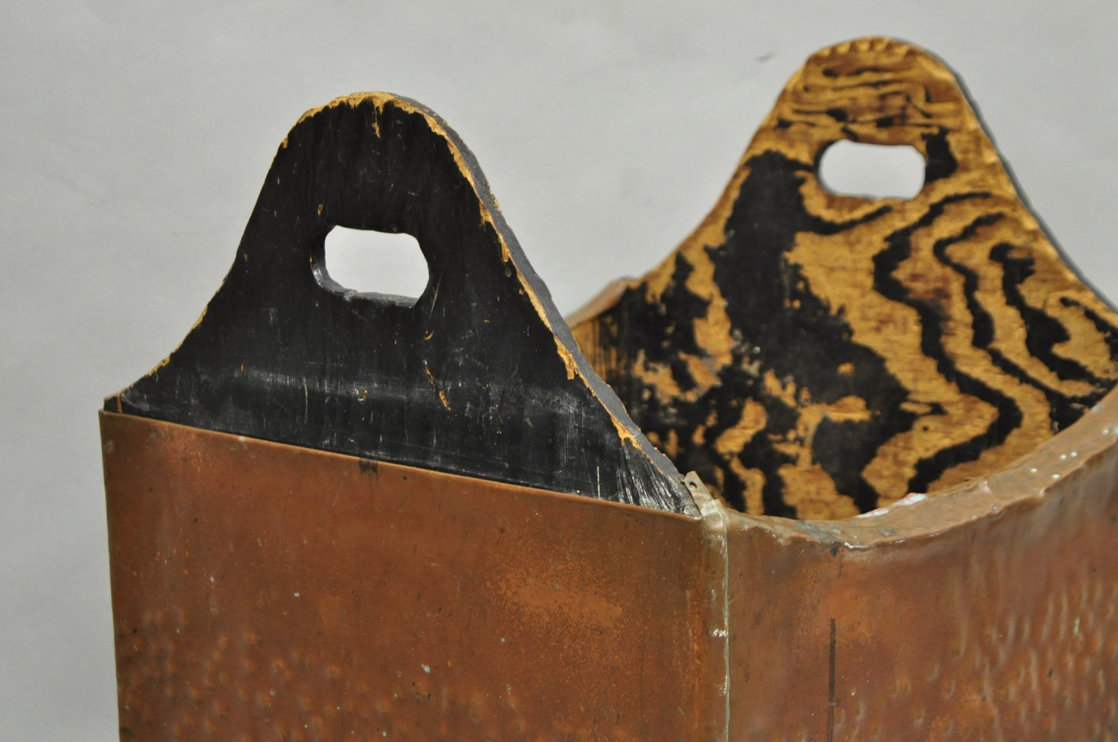 Antique French Country Primitive Copper & Wood Black Grain Painted Grain Bin