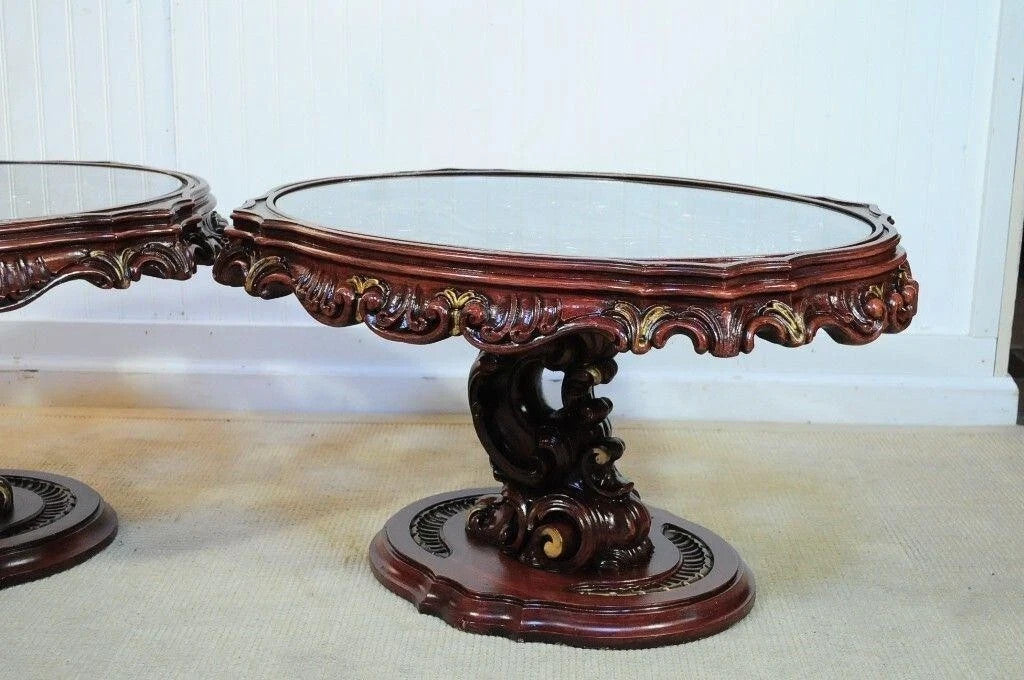 Vintage Mediterranean Style Carved Syroco Glass Top Round Low End Tables - Pair