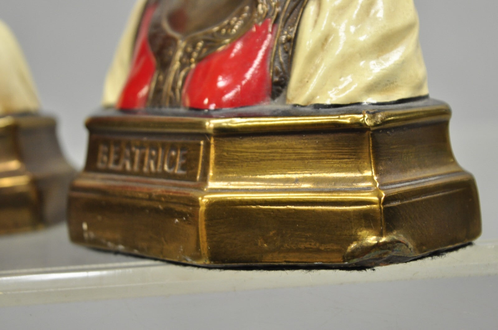 Antique Dante & Beatrice Painted Figural Bronze Bust Bookends - a Pair