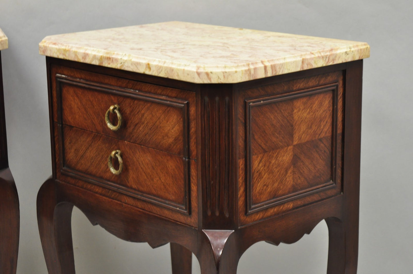 Vintage French Louis XV Style Pink Marble Top Mahogany Nighstand Table - a Pair