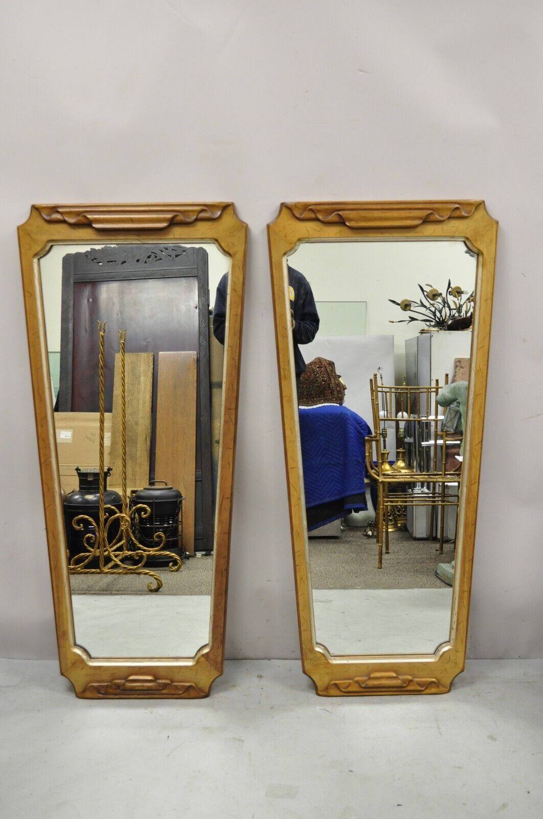 Hollywood Regency Italian Style Ribbon Scroll Carved Wood Wall Mirror - a Pair
