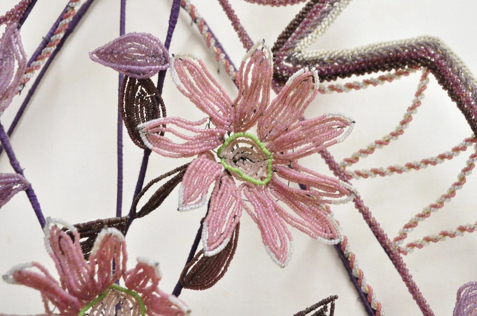 French Victorian Glass Beaded Purple Flower Casket Wreath Wall Art Sculpture (B)