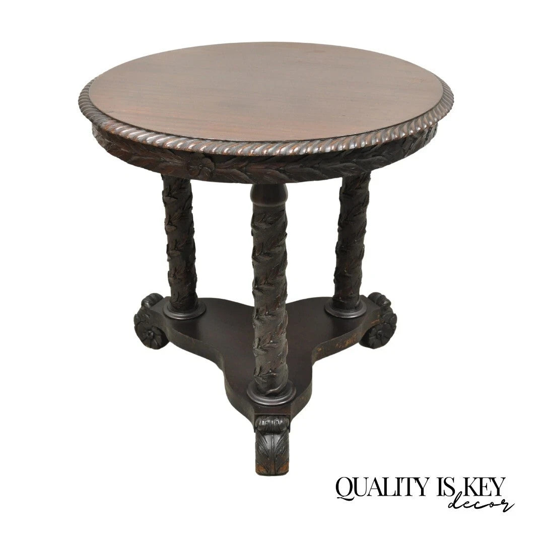 Antique American Empire Floral Spiral Carved Mahogany Round Center Side Table