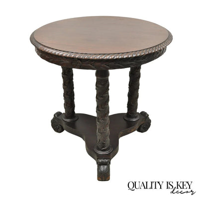 Antique American Empire Floral Spiral Carved Mahogany Round Center Side Table