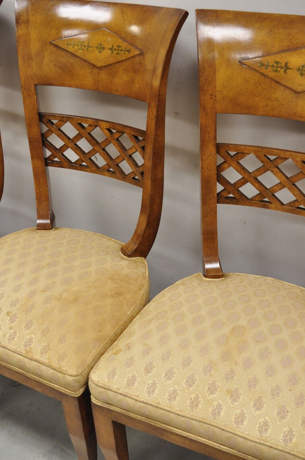 Italian Regency Style Burlwood Brass Inlay Tall Back Dining Chairs - Set of 4