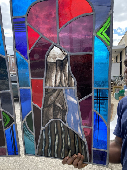 Vintage Art Deco Blue & Red Leaded Stained Glass Church Window w/ Cross - 6 Pcs