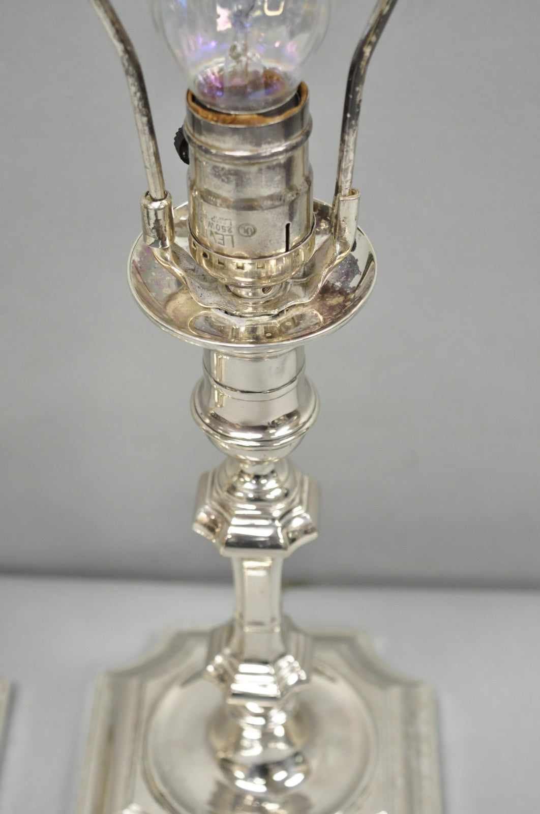 Antique English Regency Silver Plated Footed Candlestick Table Lamps - a Pair