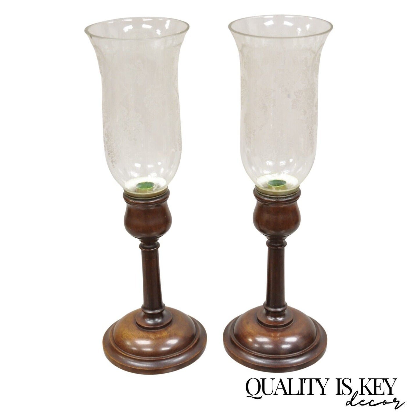 Antique English Regency Mahogany Hurricane Glass Shade Candle Holders - a Pair