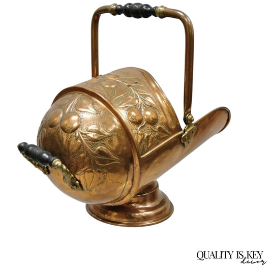 Antique English Victorian Floral Embossed Copper Helmet Coal Scuttle Bucket