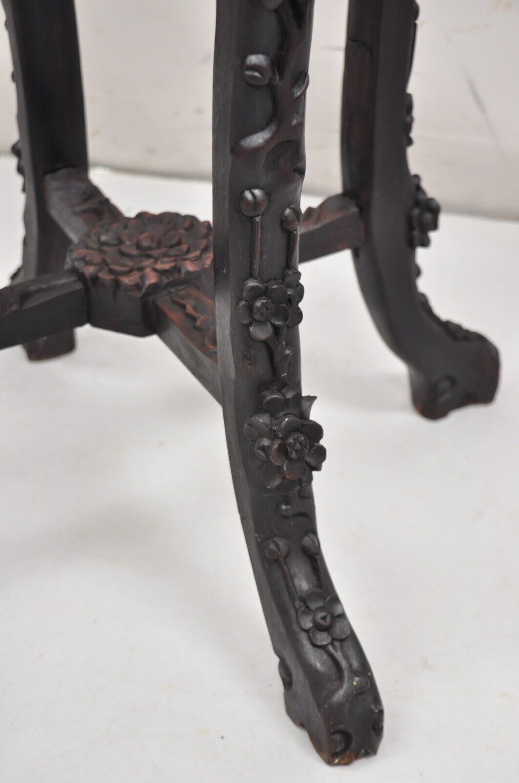 Antique Chinese Carved Hardwood Marble Top Oriental Plant Stand Side Table