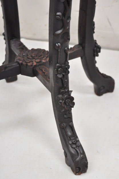 Antique Chinese Carved Hardwood Marble Top Oriental Plant Stand Side Table
