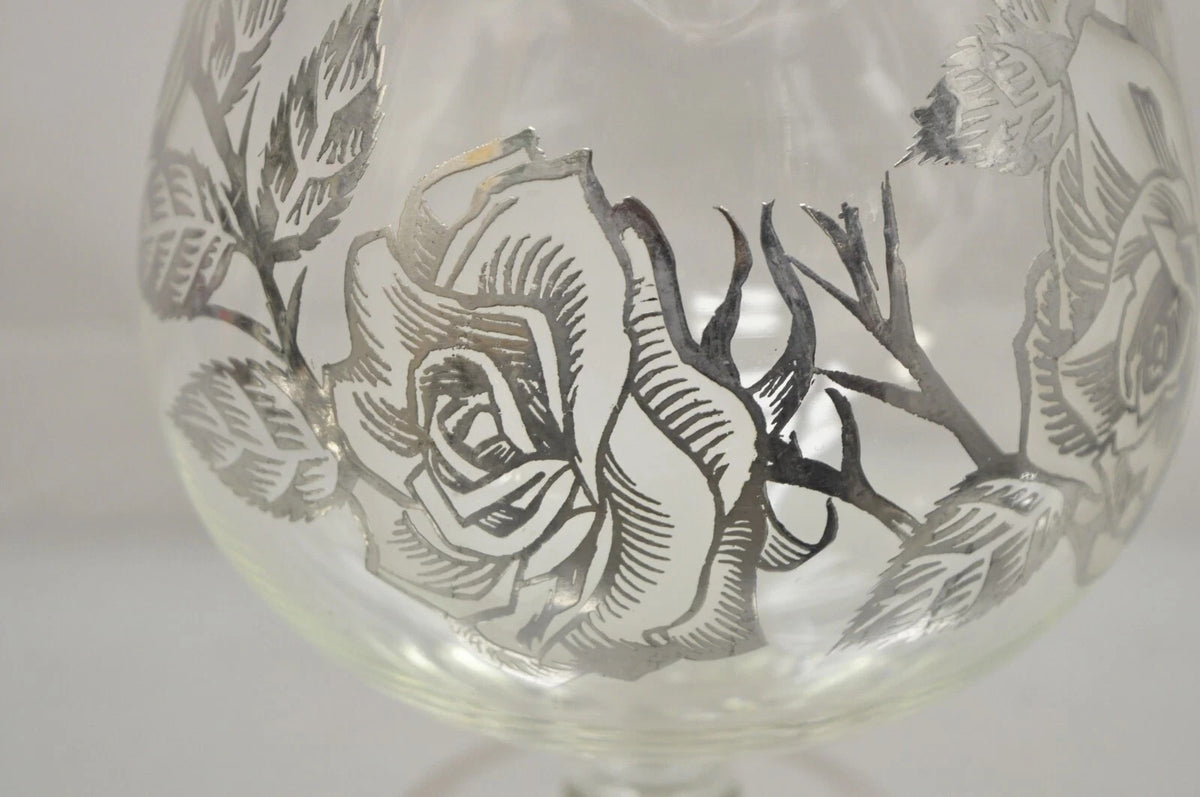 Vintage Art Nouveau Floral Sterling Silver Overlay Glass Footed Water Pitcher