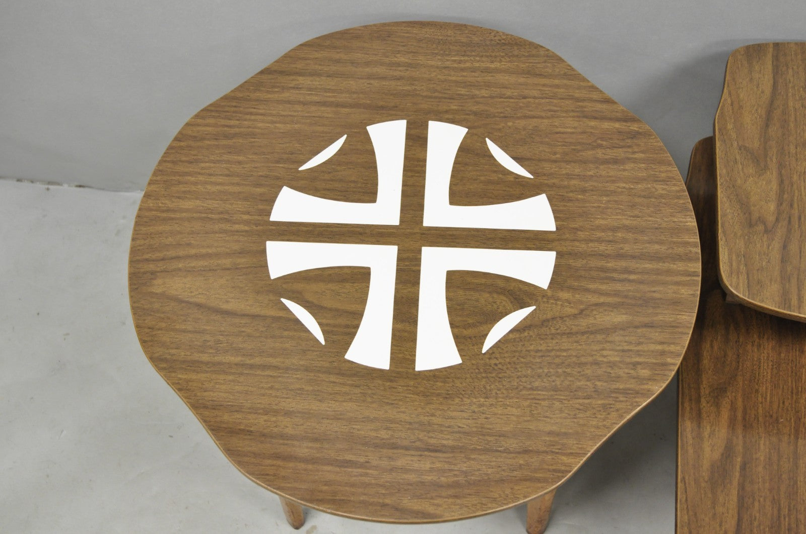 Vintage Mid Century Modern Walnut & Formica Round & Step Side Table Set - 2 pcs