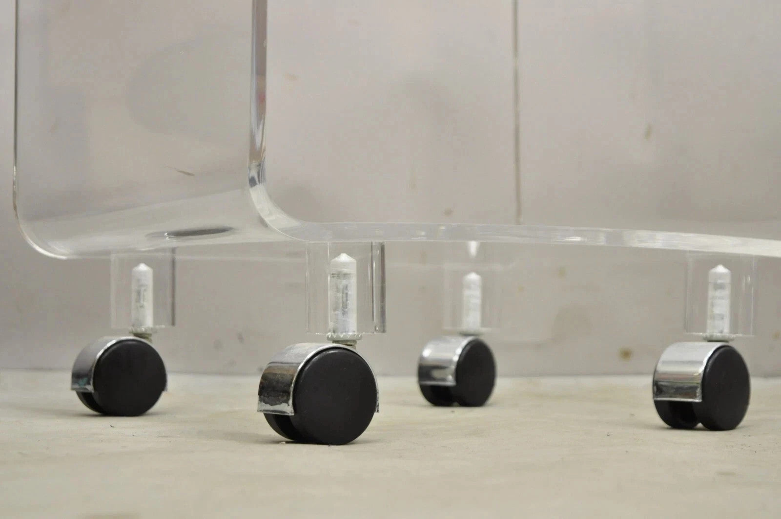 Vintage Clear Lucite Acrylic Mid Century Modern Rolling Side Tables - a Pair