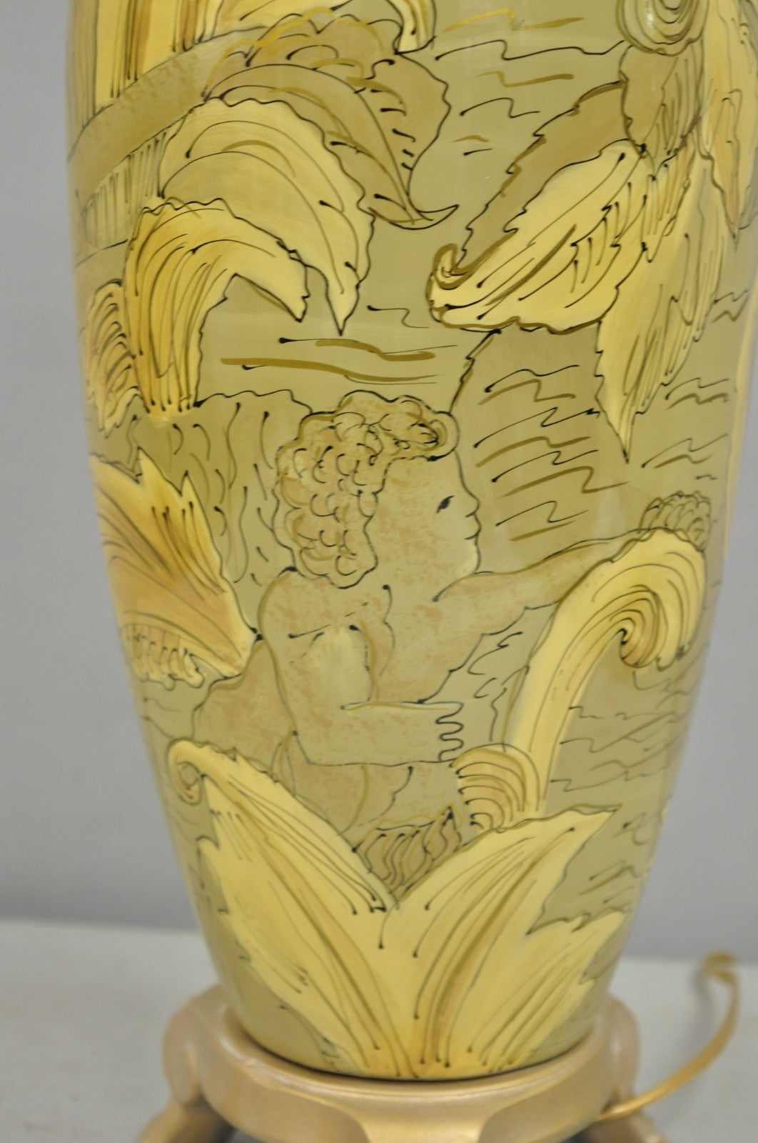 Contemporary Art Nouveau Revival Yellow Glass Jardiniere Table Lamp w/ Figures