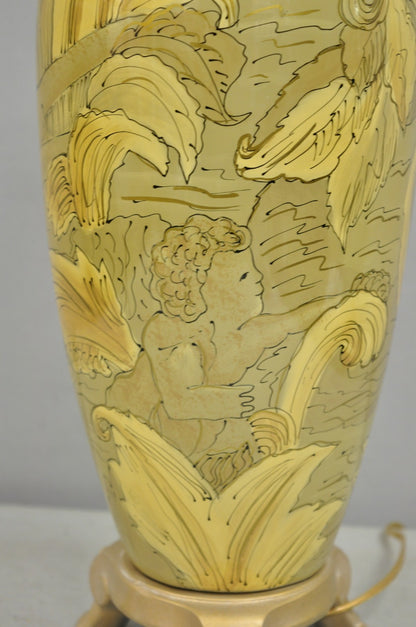 Contemporary Art Nouveau Revival Yellow Glass Jardiniere Table Lamp w/ Figures